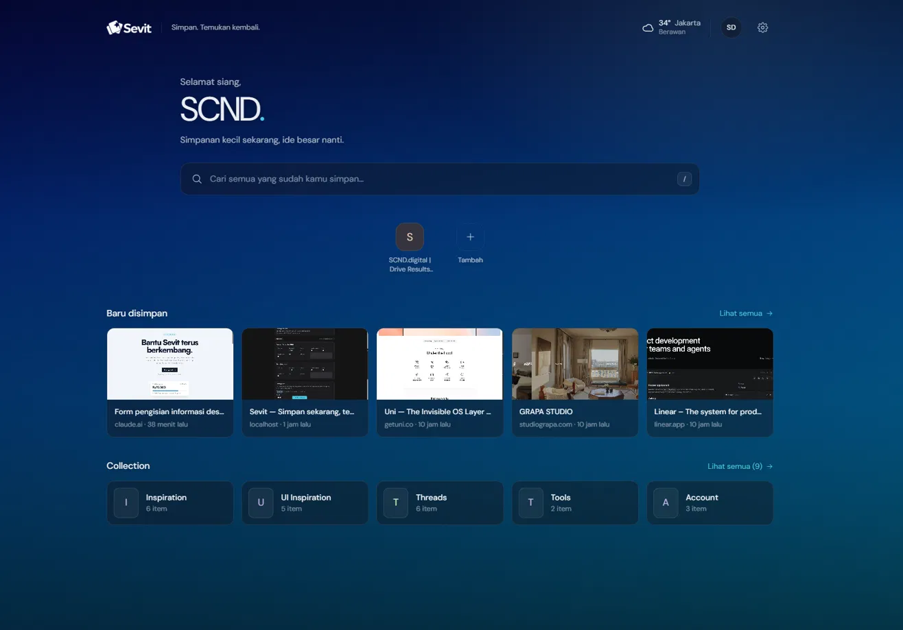 The Sevit New Tab page: a greeting, search, pinned sites, recently saved items and Collections.
